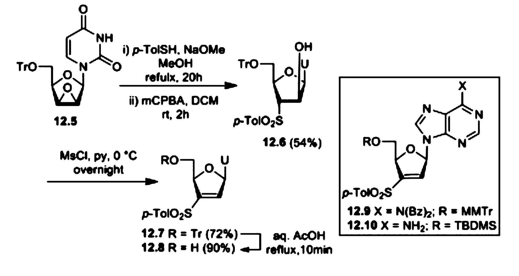 Fig.3 Syntheses of regioisomeric VSM uridines 12.7/12.8 and adenosines 12.9/12.10 from the corresponding nucleoside epoxides.
